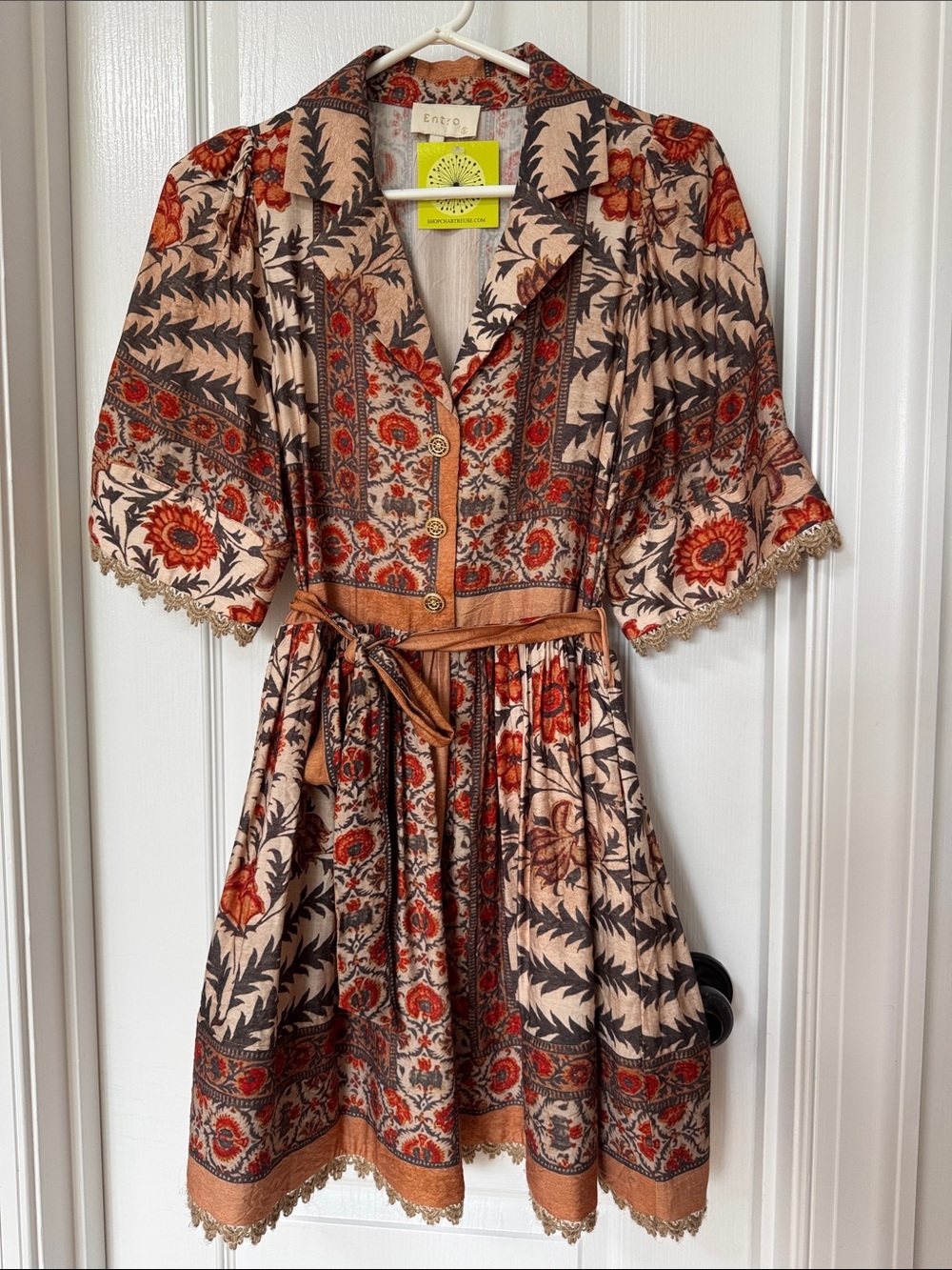 entro Rust, Cream & Black Floral Border Mini Dress
